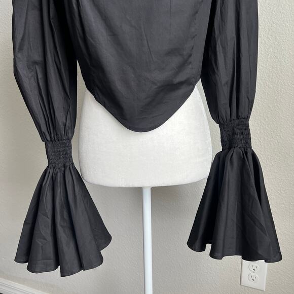 New The Lulo Project Black Crop Poplin Top Women's L Smocked Long Puff Sleeves - Picture 3 of 8